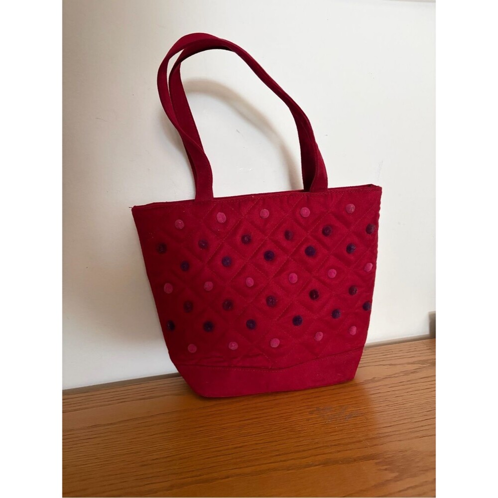 Red Quilted Velvet Pom Pom Dot Tote Bag - Y2K Bath & Body Works